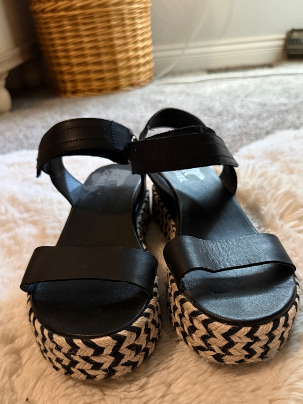 Sorel Black Platform Wedge Sandals with Braided Sole